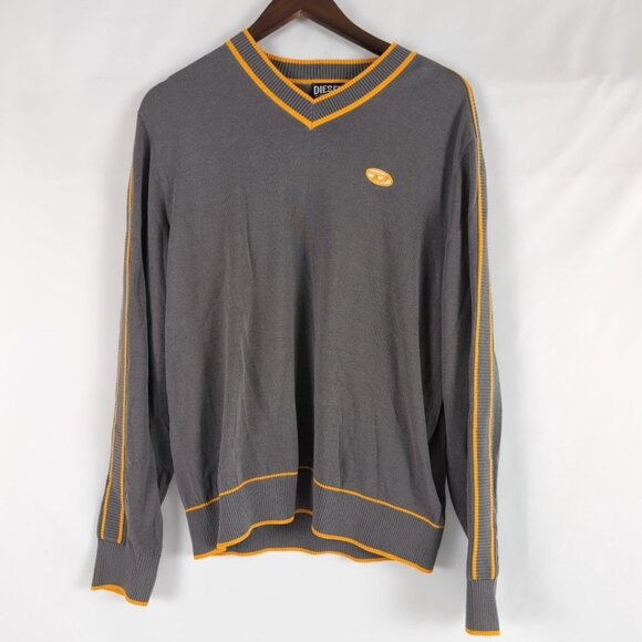 Diesel Men's Gray/Yellow/Gold VNeck Sweater Pullover Embroidered Logo, Medium - Picture 1 of 9